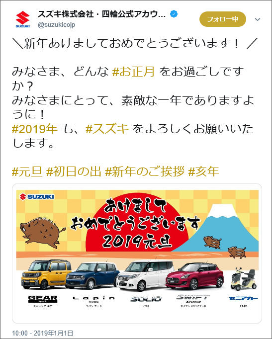 投稿画像：スズキ株式会社、2019年1月1日