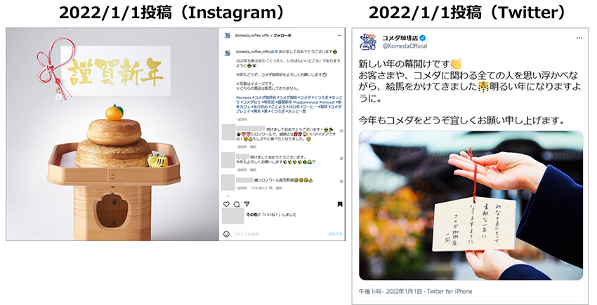 投稿画像：コメダ珈琲、X（Twitter）、Instagram、2022年のお正月投稿