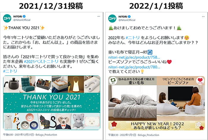 投稿画像：ニトリ（Twitter、Instagram）　、2022年のお正月投稿