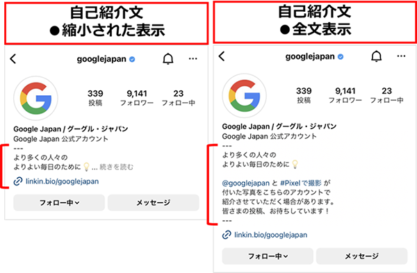 参考画像：Google Japan / グーグル・ジャパン、折り畳み表示されるインスタのプロフィール画面