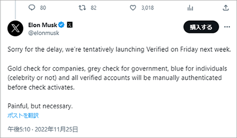 参考画像：Elon Musk（@elonmusk）2022年11月25日投稿