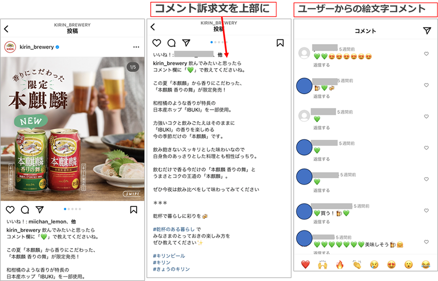 参考画像：キリンビールの公式Instagramアカウント、絵文字でしているフォロワーのリプライ。