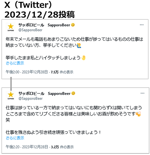 投稿画像：サッポロビール（X：旧Twitter、Instagram）②2024年、年末年始のご挨拶投稿。