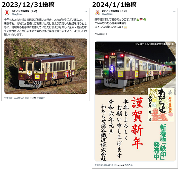 投稿画像：わたらせ渓谷鐵道　（X：旧Twitter）2024年、年末年始のご挨拶投稿。渋い年賀状スタイルのクリエイティブが味があってお勧めです。