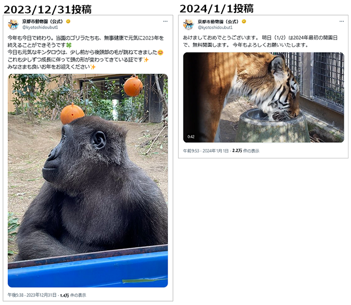 投稿画像：京都市動物園　（X：旧Twitter）2024年、年末年始のご挨拶投稿。