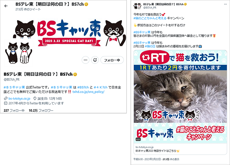 参考画像：BSテレ東【明日は何の日？】BS7chの2023年猫の日投稿、「#猫のことちゃんと考える キャンペーン」を実施。