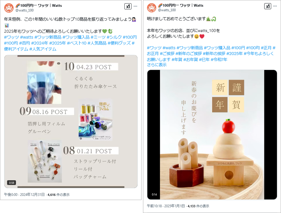 投稿イメージ：ワッツWatts（X（Twitter）アカウント）の年末年始の投稿。実はこちらもInstagramと同じ投稿をしていたました。