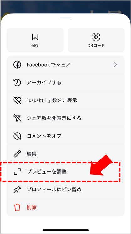 参考画像：設定③表示されるメニューの中にある「プレビューを調整」をタップ。フィードで見ると画像は正方形。